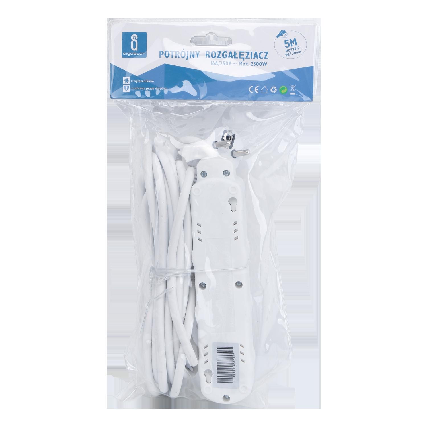 Power strips 3-way 5m H05VV-F 3G1.0m㎡ White