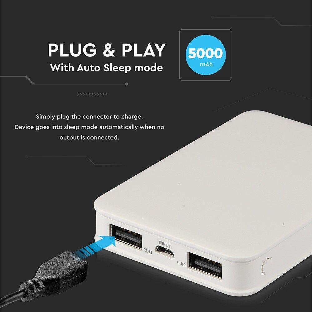 Power Bank, 5000mAh/18.5wh, 5V, Biały, VTAC, SKU 8191