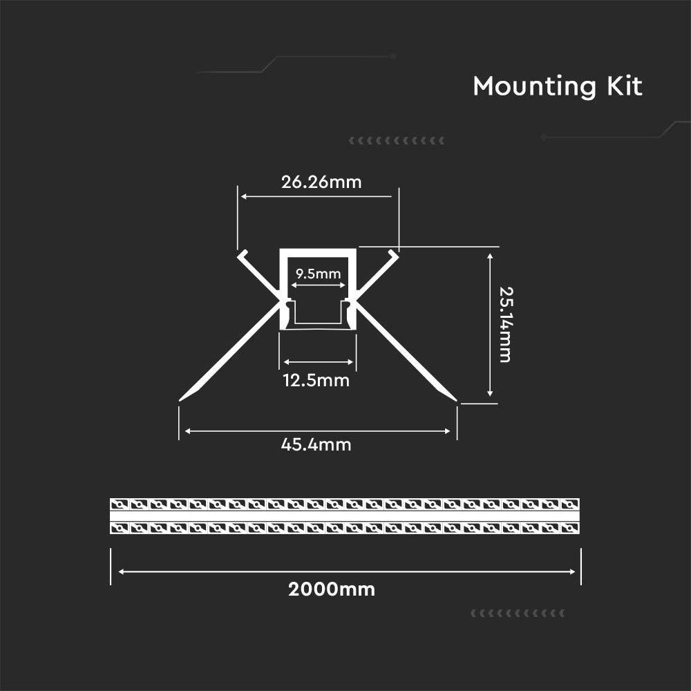 Profil Aluminiowy do paska LED wpuszczany narożny do zabudowy karton gips, 2000x45.4x25.14mm, Klosz: Mleczny, Kolor: Aluminium, VTAC, SKU 3362