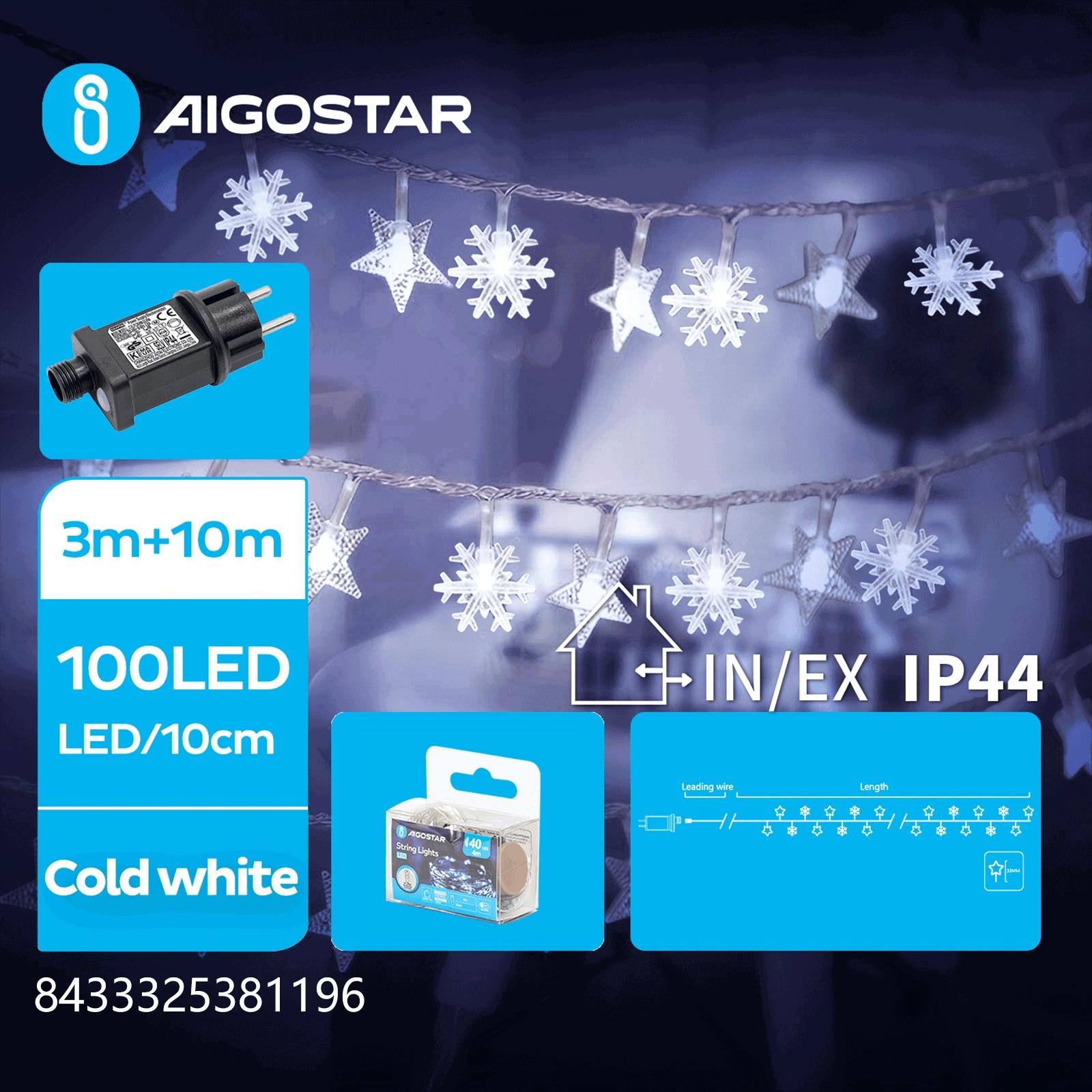 Low voltage star snowflake string lights, cold white, 10m