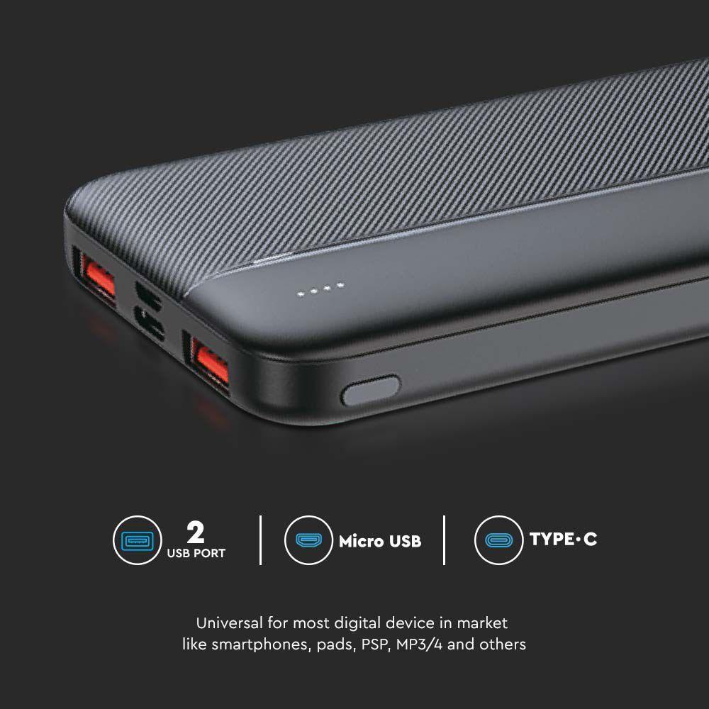 Power Bank 2xUSB + typ: C, Micro USB, Szybkie ładowanie, Litowo Polimerowy - 10000mAh, Czarny, VTAC, SKU 7831