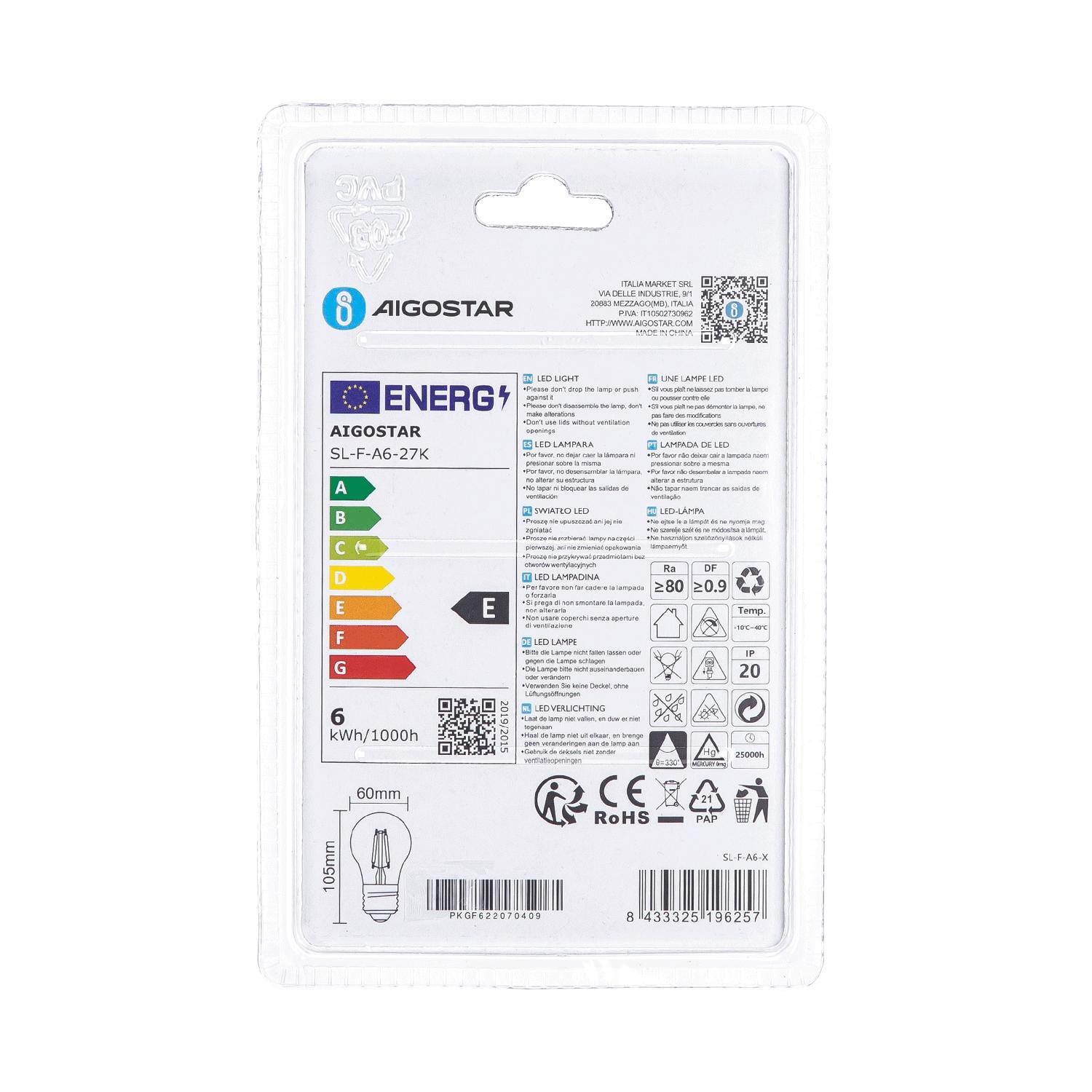 Żarówka LED Filament (Przezroczysta) A60 E27 6W(6W,E27,2700K,730lm)