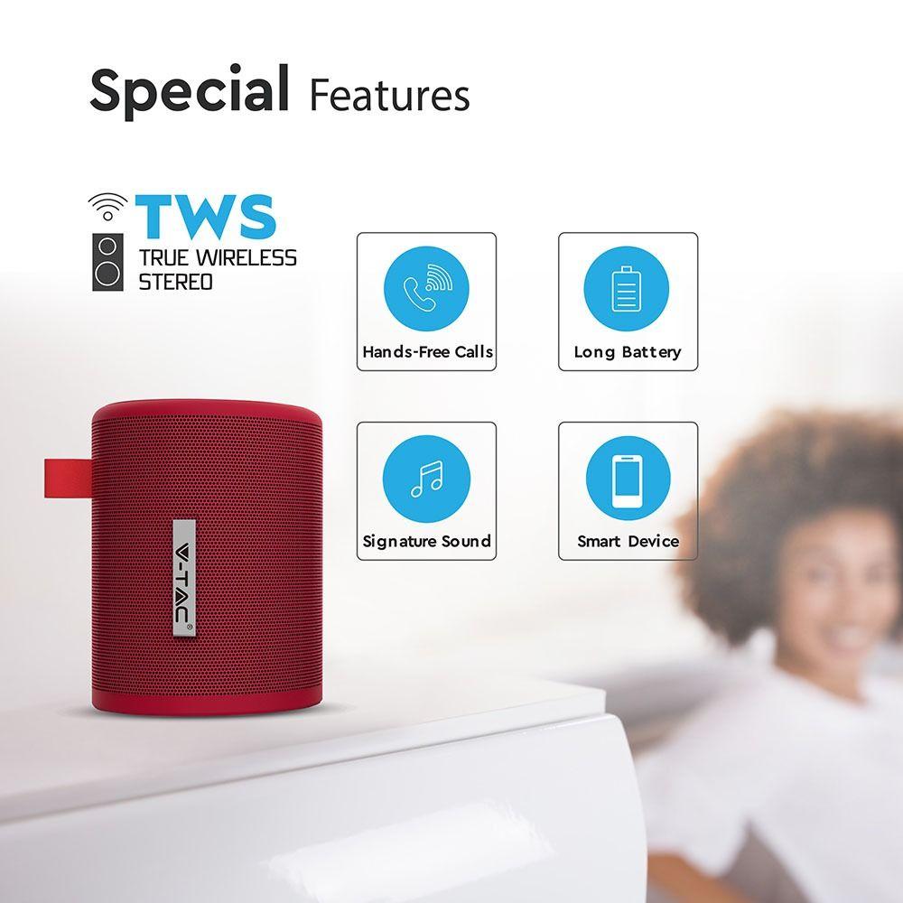 Przenośny głośnik bluetooth z funkcją TWS, AUX/USB/Slot MICRO SD/1500mAh, Czerwony, VTAC, SKU 7719