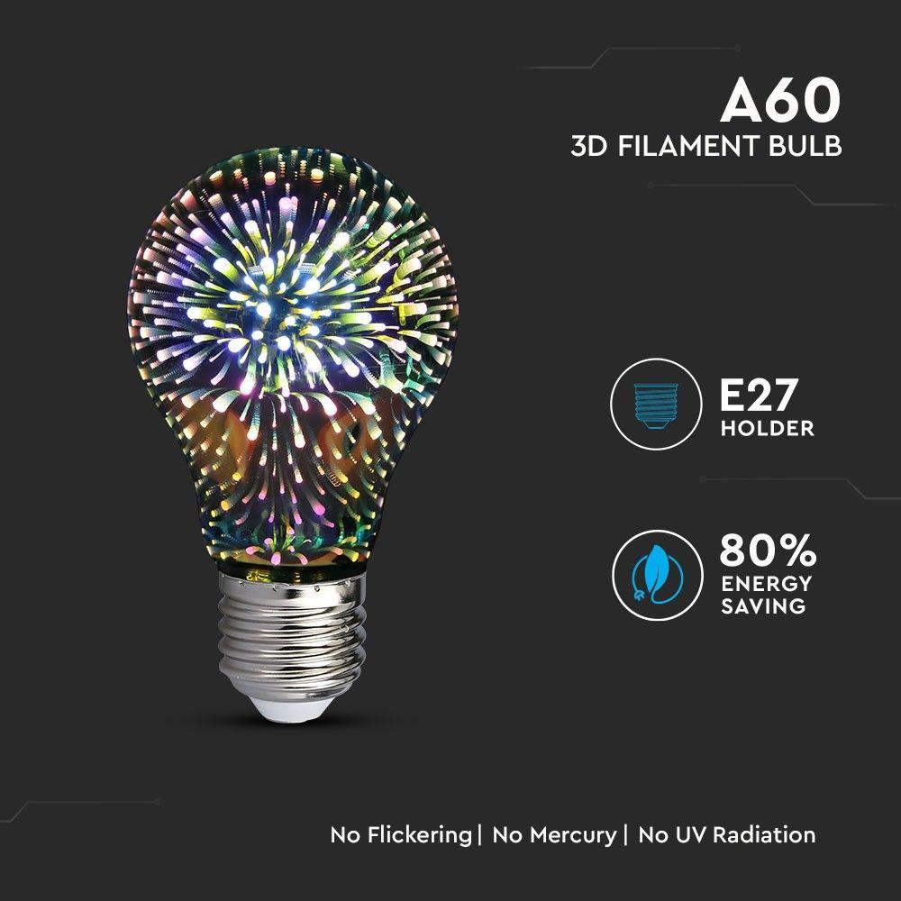 3W A60 Żarówka LED Filament 3D, Barwa:3000K, Trzonek:E27, VTAC, SKU 2704