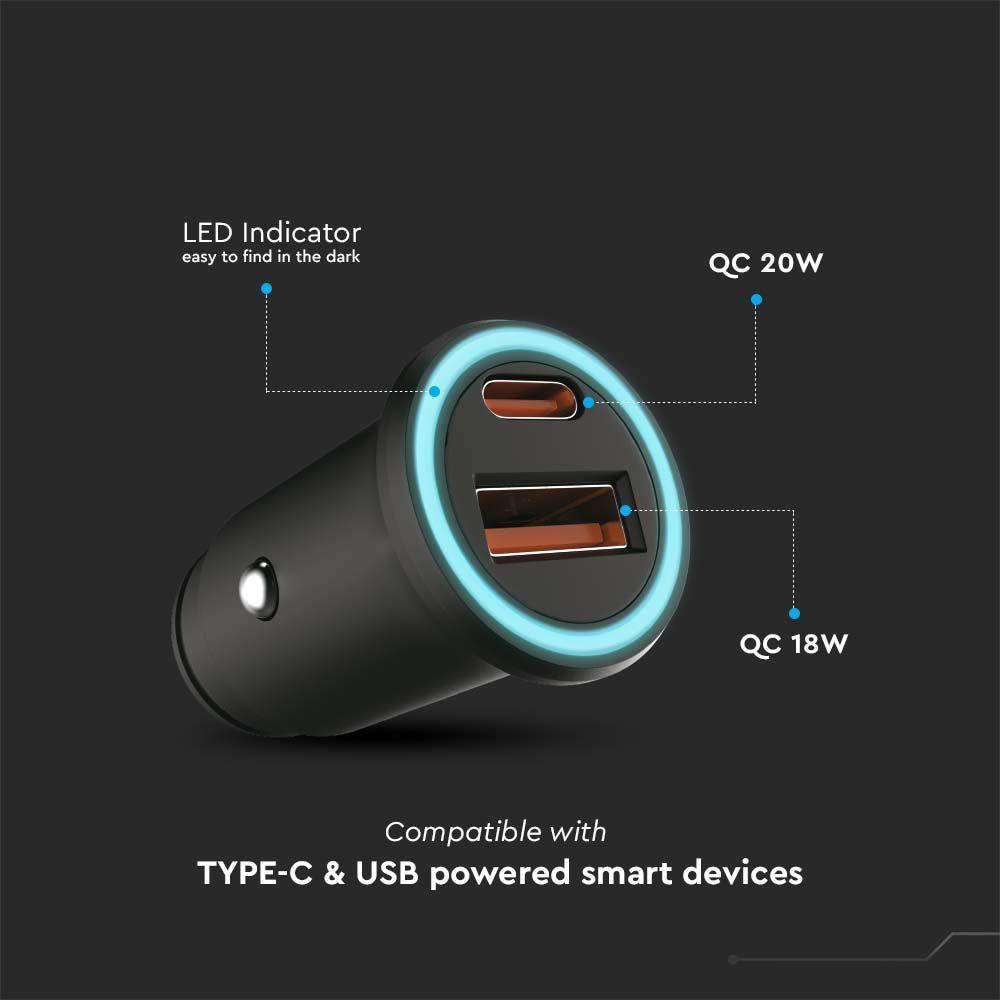 Ładowarka Samochodowa Fast Charger USB + USB C, 20W, Power Delivery, Czarna, VTAC, SKU 7744