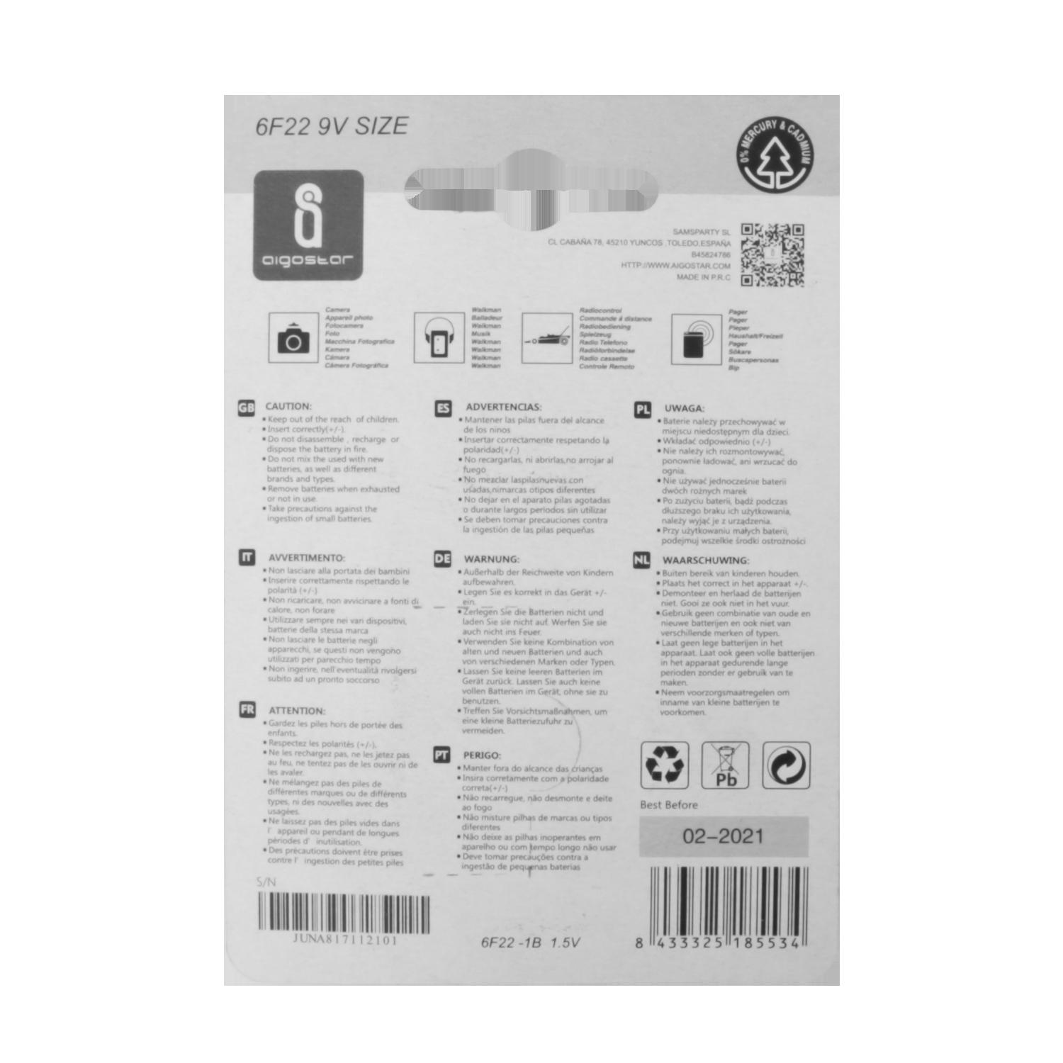 Carbon-zinc battery 6F22 9V-1B 9V