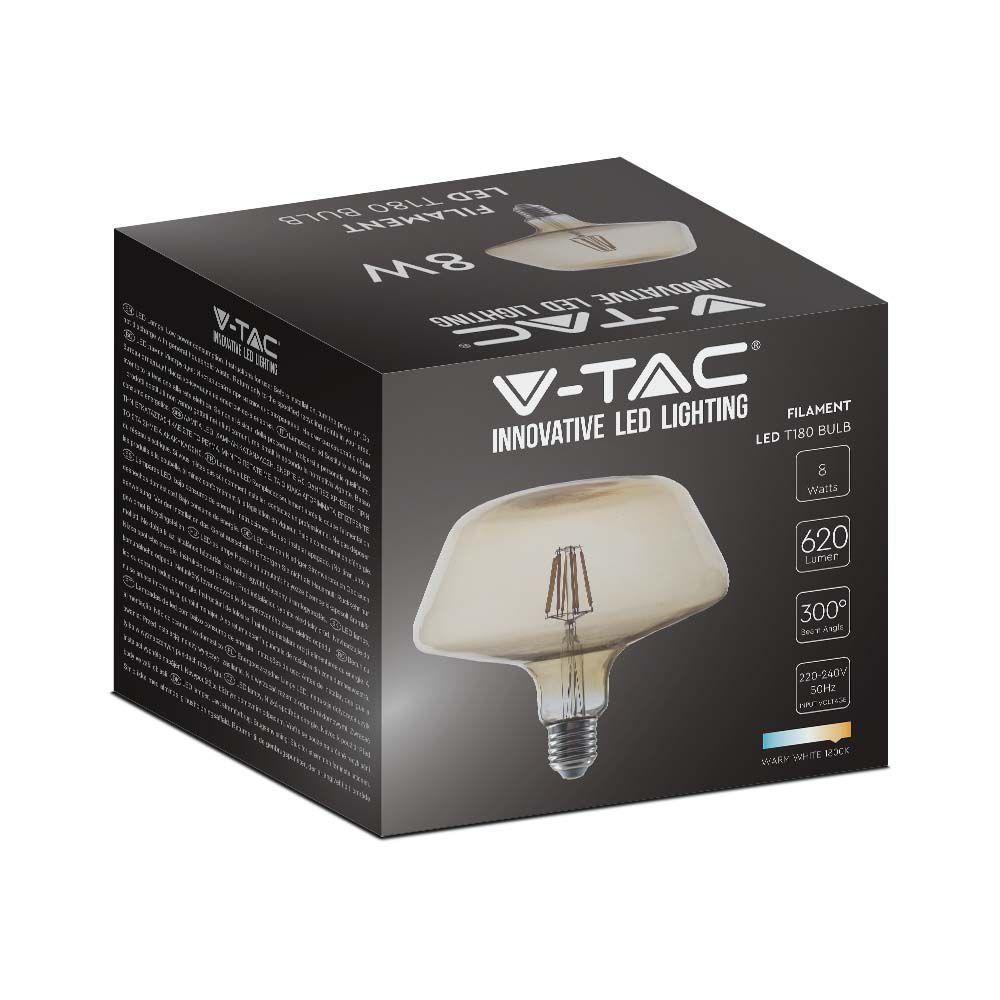 8W T180 Żarówka LED Filament, Klosz Bursztynowy, Barwa:1800K, Trzonek:E27, VTAC, SKU 212790