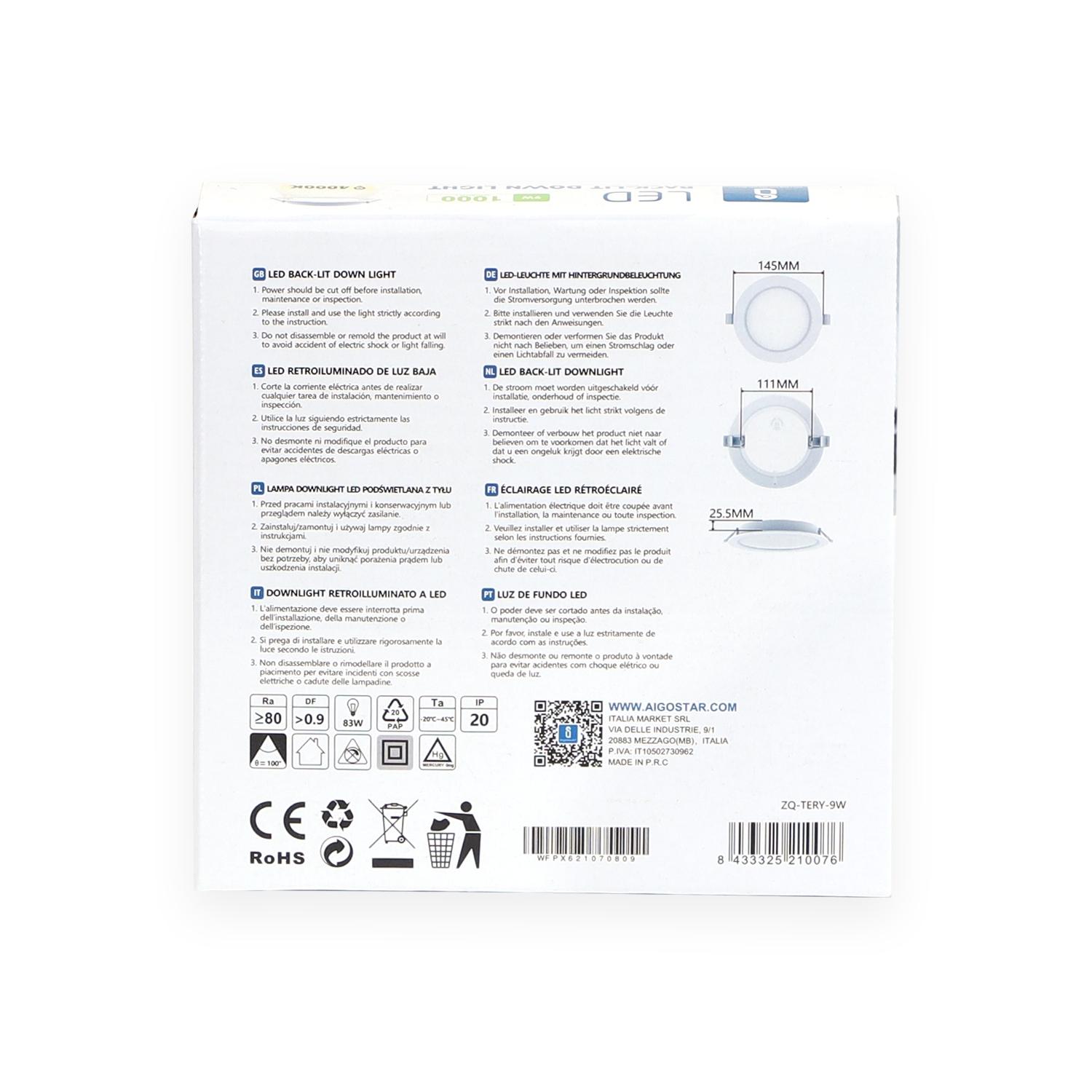 E6 LED  Flush-mounted Round Downlight 9W Natural Light