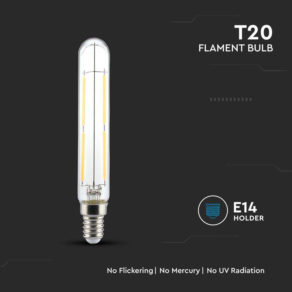 4W LED T20 Żarówka LED Filament, Klosz Przezroczysty, Barwa:3000K, Trzonek:E14, VTAC, SKU 212701