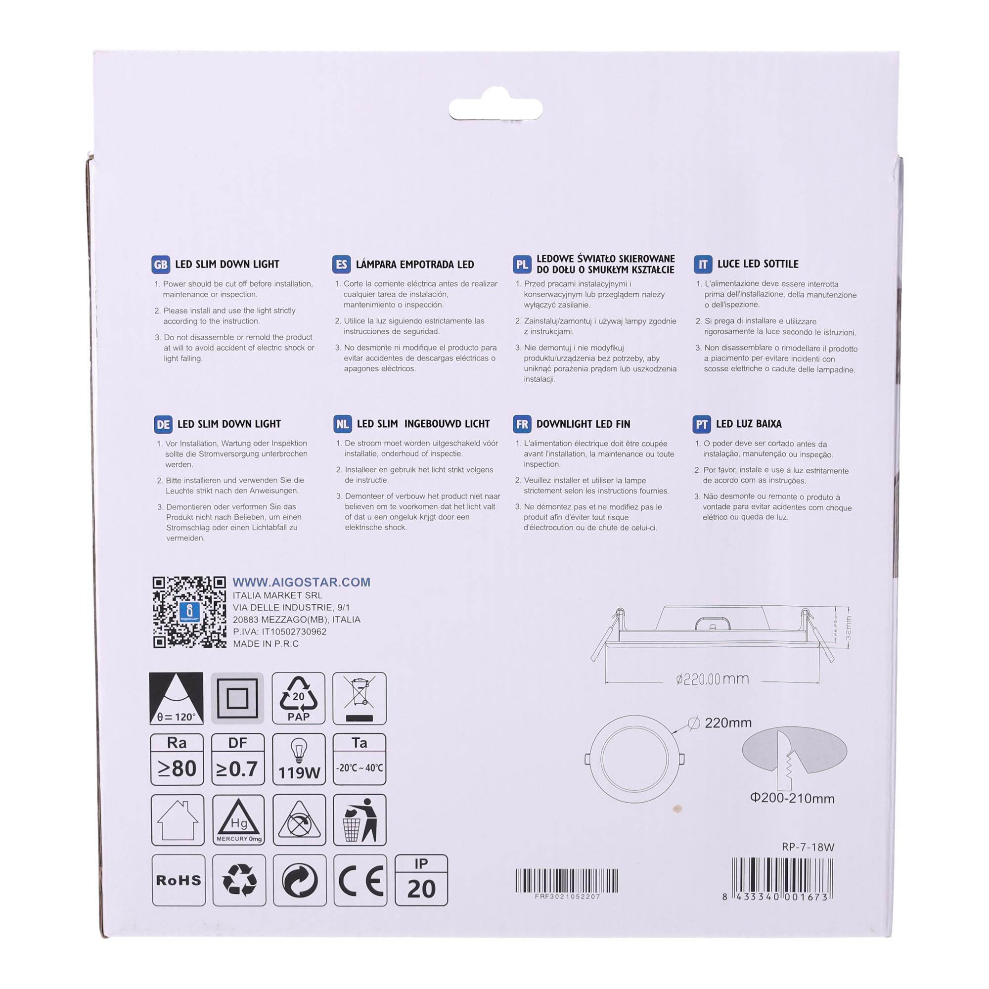 Podtynkowa okrągła lampa LED/Downlight 18W 4000K