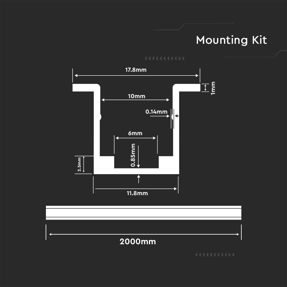 VT-8120 MOUNTING KIT WITH DIFFUSER FOR LED STRIP RECESSED 2000MM NEON FLEX