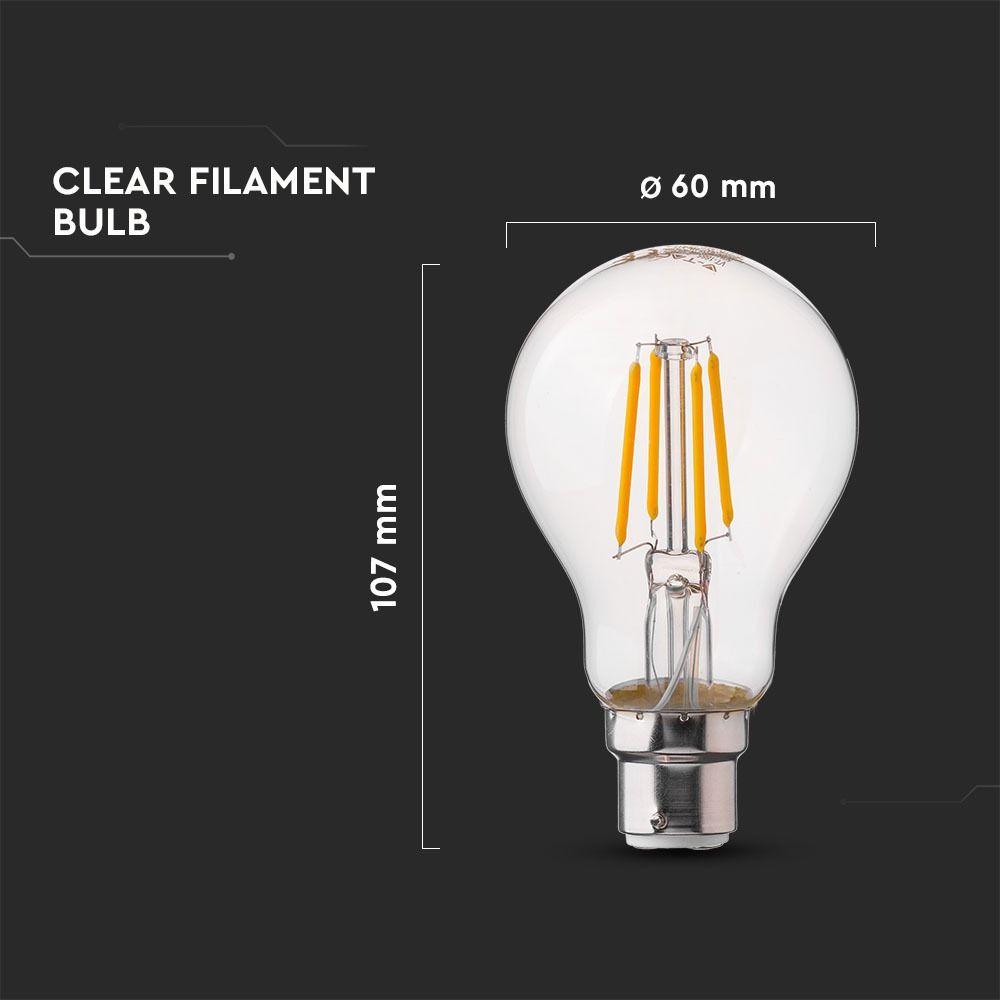 4W A60 Żarówka LED Filament, Klosz Transparentny, Chip SAMSUNG, Barwa:3000K, Trzonek:B22, VTAC, SKU 106