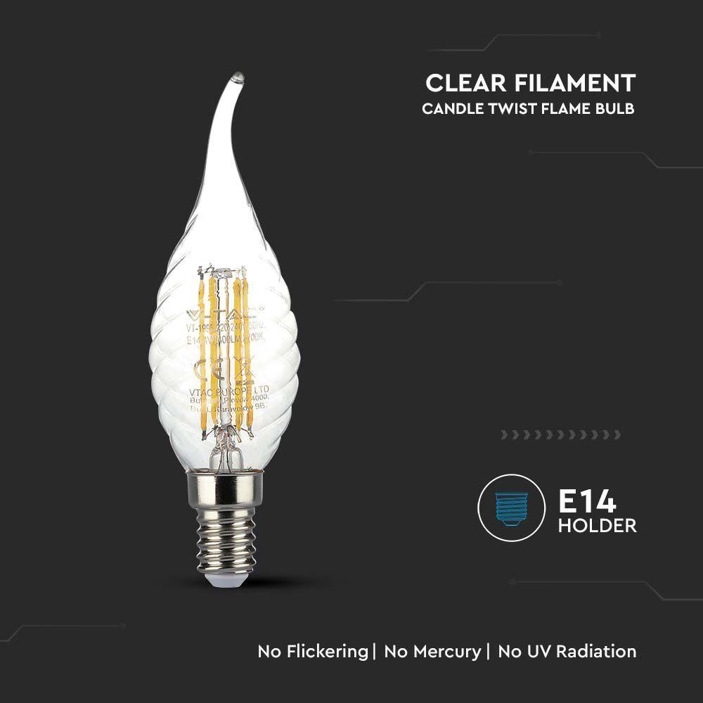 4W CF37 Żarówka LED Filament Twist, Klosz Transparentny, Barwa:3000K, Trzonek:E14, VTAC, SKU 214308