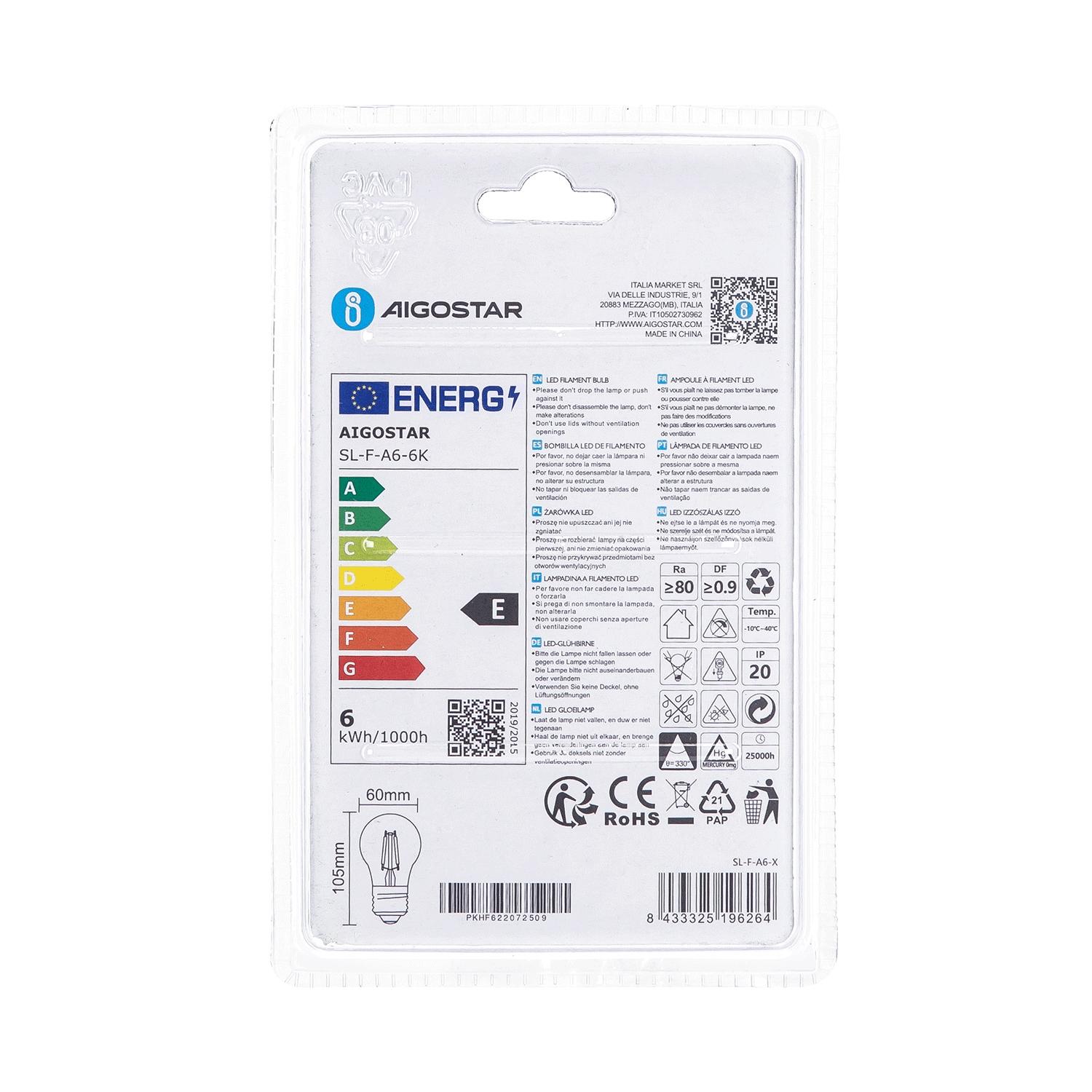 LED Filament Bulb (Clear) A60 E27 6W