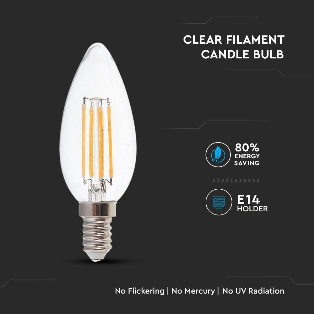 6W C35 Filament, Klosz Transparentny/ Barwa:4000K, Trzonek: E14, Skuteczność: 130lm/W, VTAC, SKU 2849