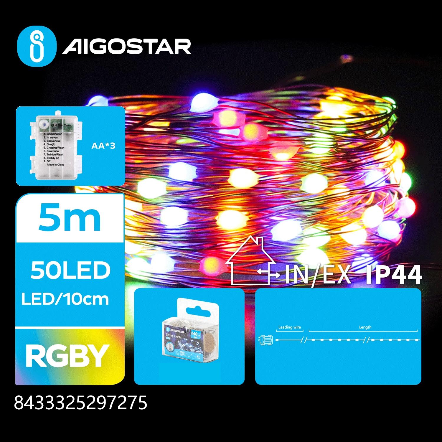 3AA battery copper wire string lights, RGBY, 5m