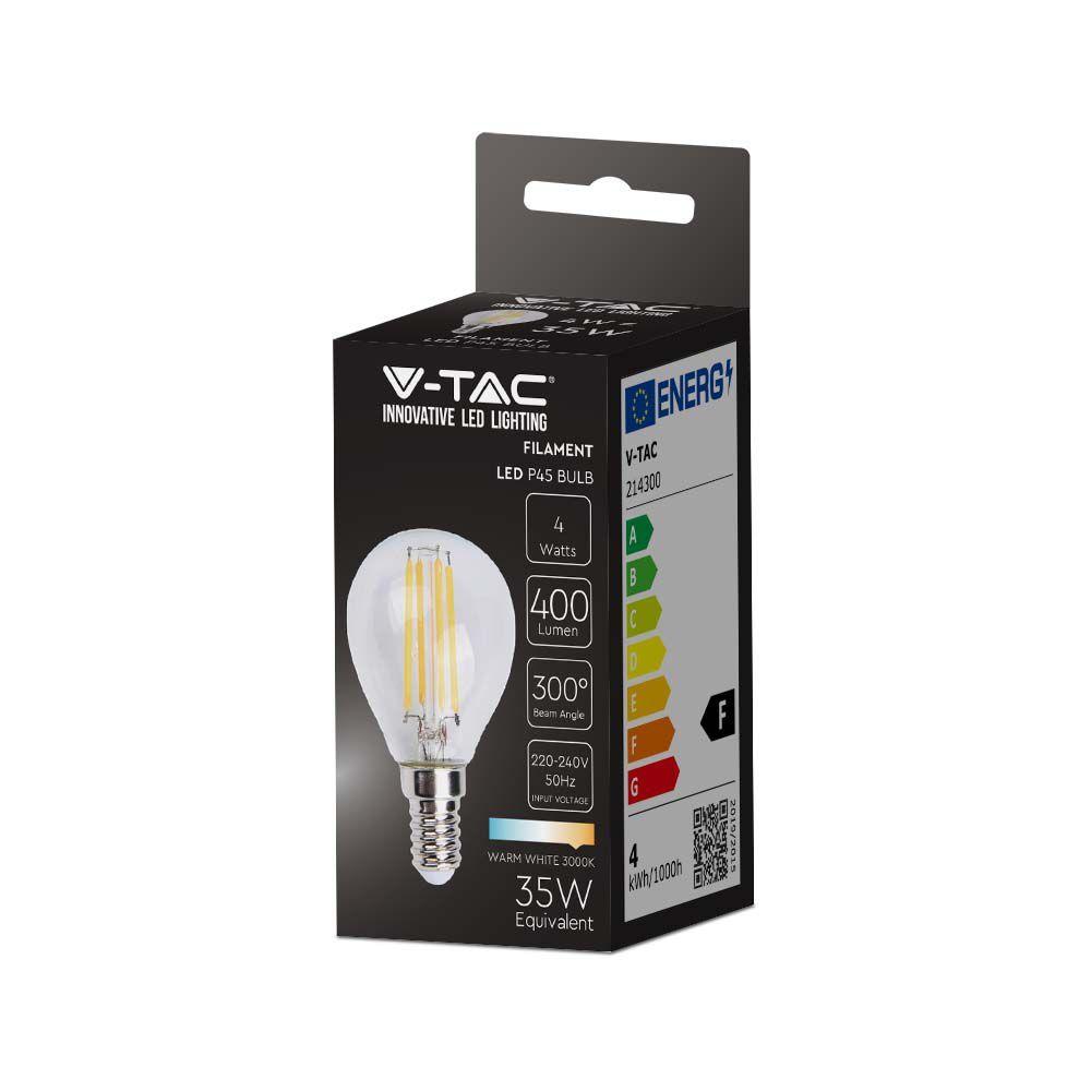 4W P45 Żarówka LED Filament, Klosz Transparentny, Barwa:3000K, Trzonek:E14, VTAC, SKU 214300