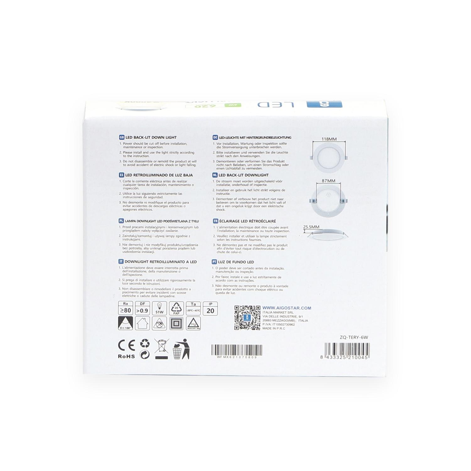 E6 LED  Flush-mounted Round Downlight 6W Natural Light