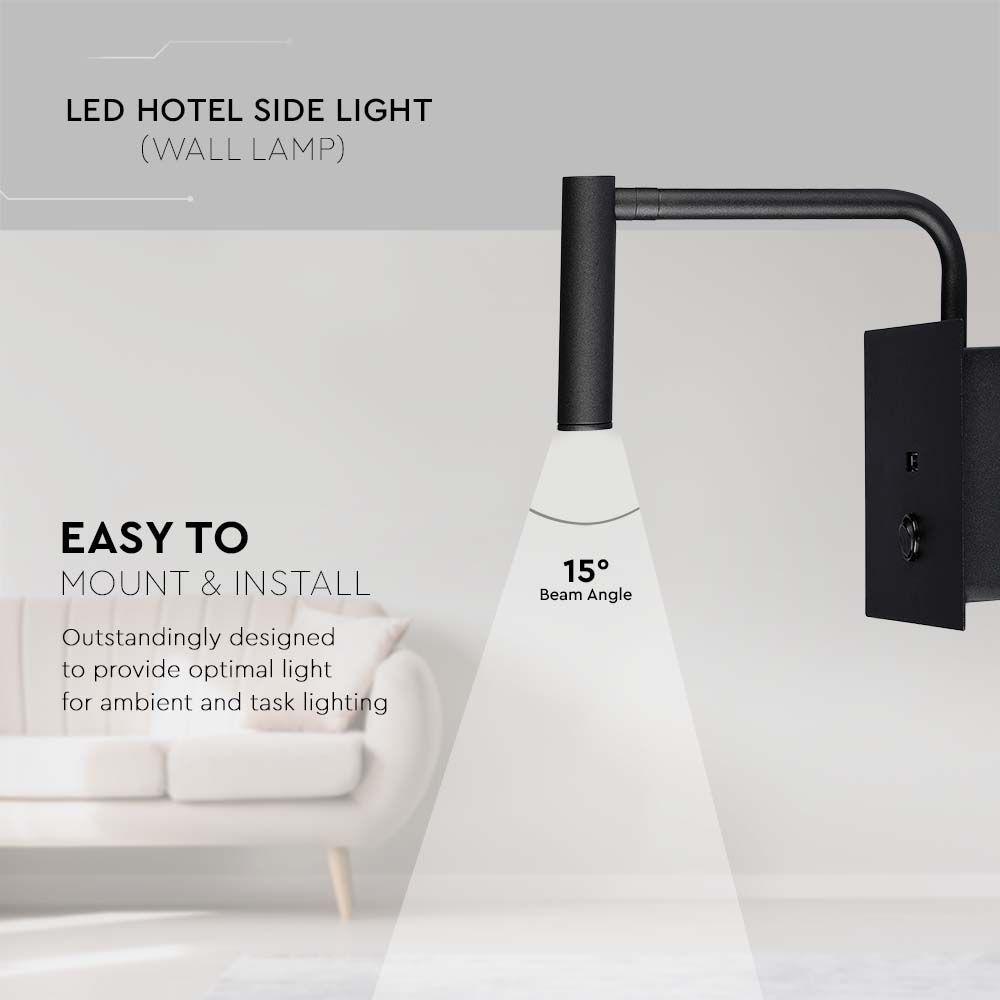 3W Kinkiet hotelowy LED z włącznikiem i gniazdem USB, Barwa:3000K, Czarny, VTAC, SKU 211487