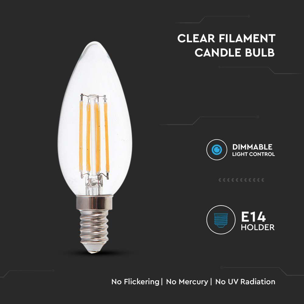 5.5W C35 Żarówka LED Filament, Klosz Transparentny, Barwa:4000K, Trzonek:E14 , VTAC, SKU 7807