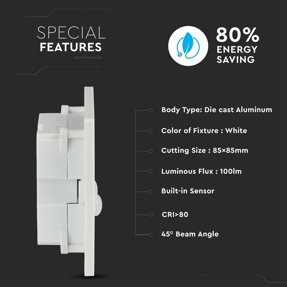 3W Oprawa schodowa LED z czujnikiem ruchu, Barwa:4000K, Obudowa: Biała, Kwadrat, VTAC, SKU 5570
