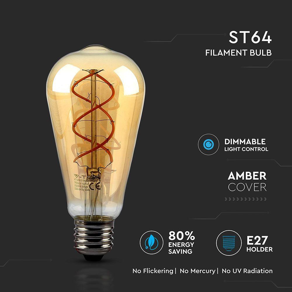 5W ST64 Żarówka LED Filament, Barwa:2200K, Klosz Bursztynowy, Ściemniana, Trzonek:E27, VTAC, SKU 7416