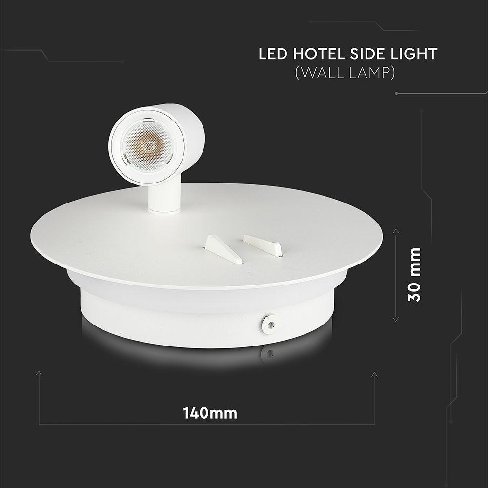 LED 3W+SMD 6W Hotelowa lampa ścienna LED, Barwa: 3000K, Kolor: Biały     , VTAC, SKU 211489