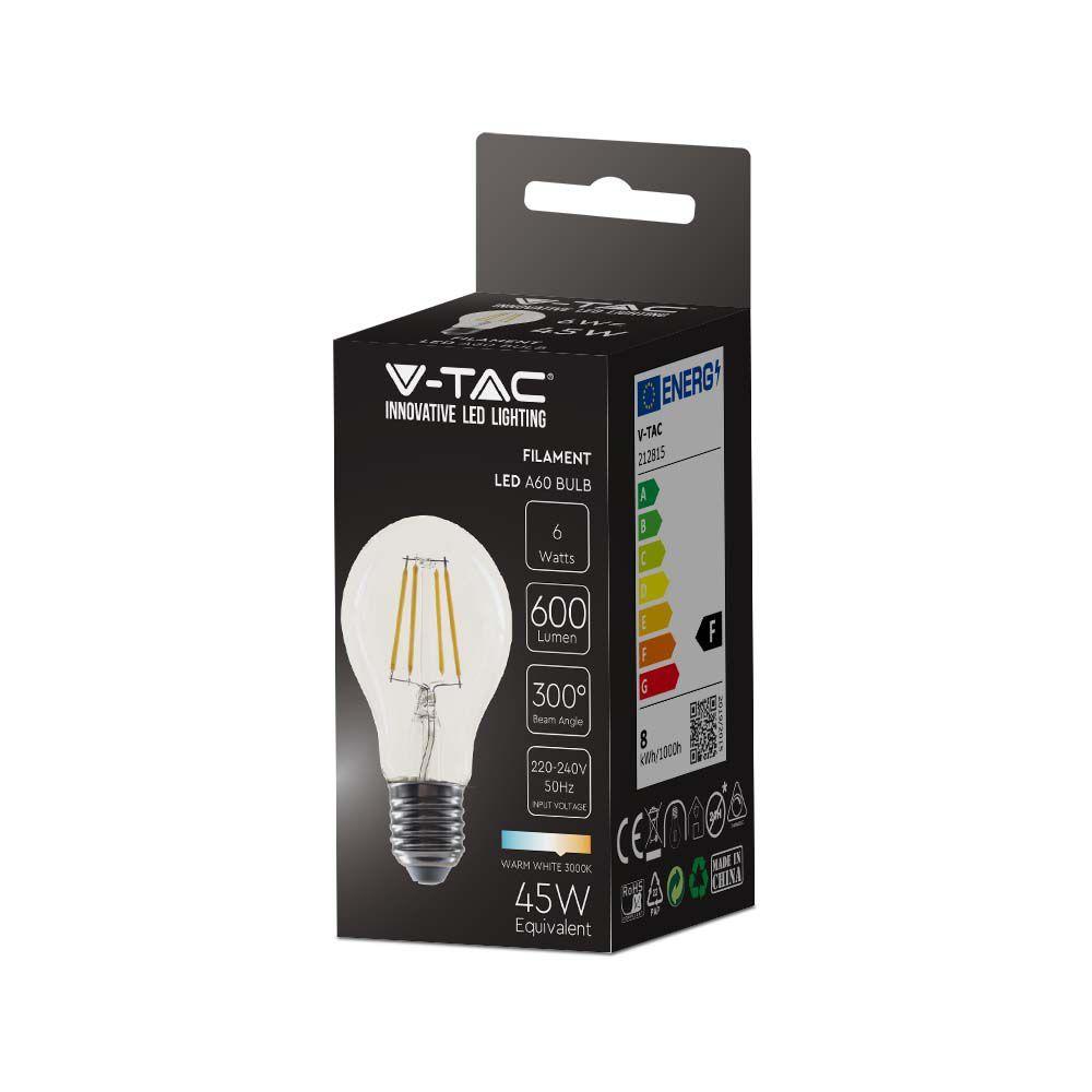 6W A60 Żarówka LED Filament, Klosz Transparentny, Barwa:3000K, Trzonek:E27, VTAC, SKU 214272