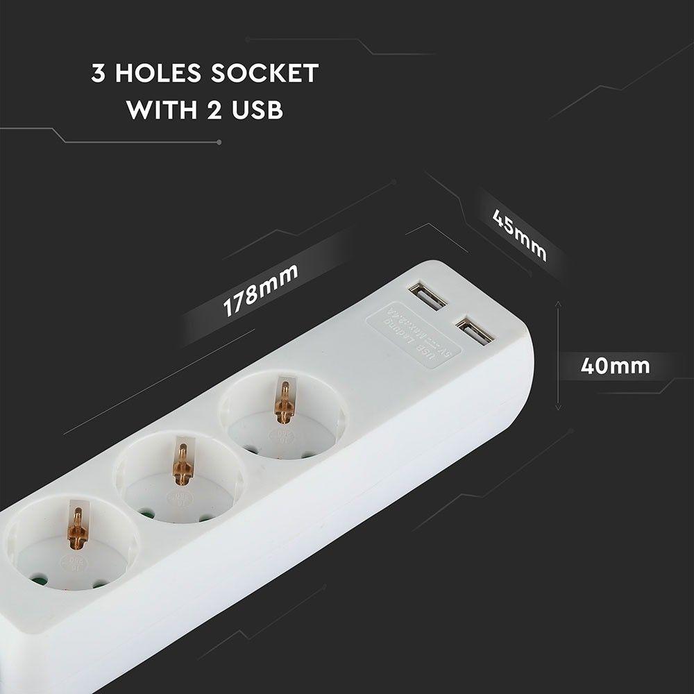 VT-1124-5 3WAYS SOCKET WITH 2USB(3G1.5MM2 X5M)-WHITE