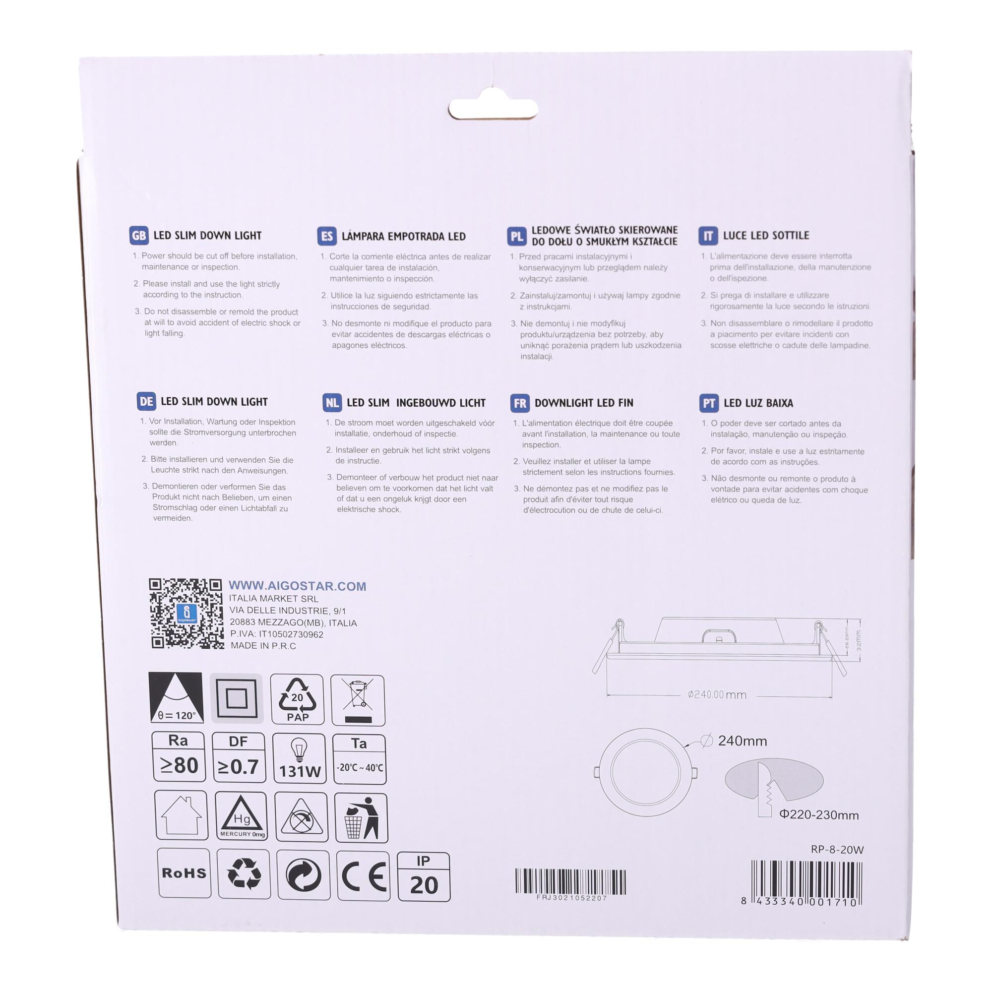 E6 LED Ultra-thin Flush-mounted Round Downlight 20W White Light