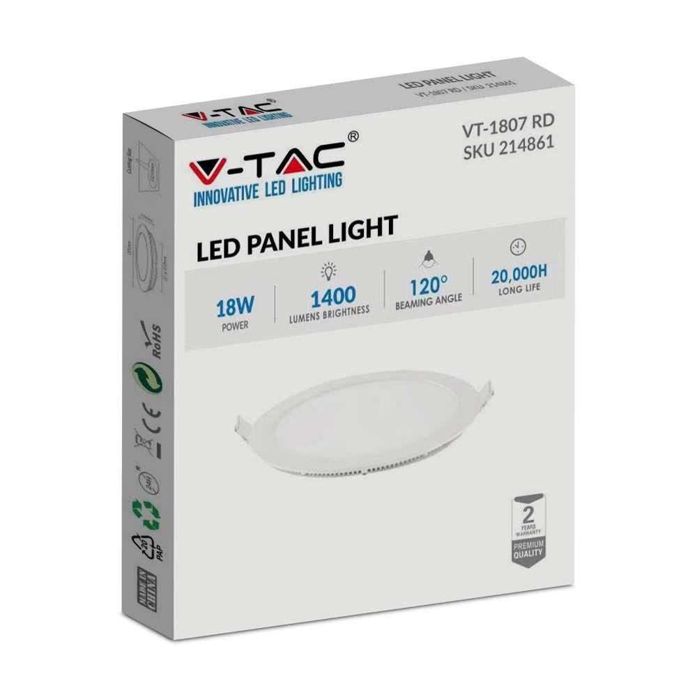 18W Panel LED, Barwa:4000K, Okrągła, VTAC, SKU 214861