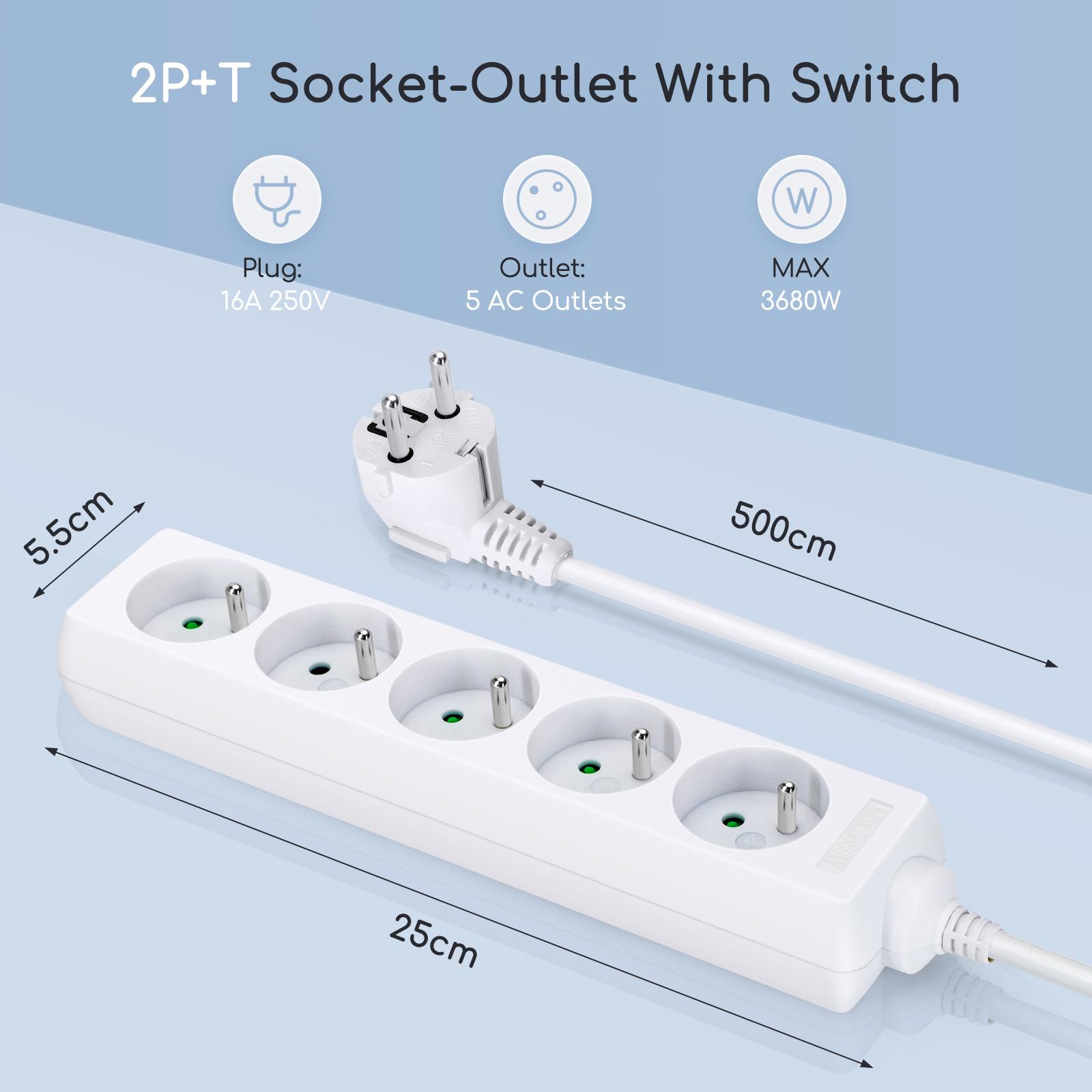 Power strips 5-way 5m H05VV-F 3G1.0m㎡ White