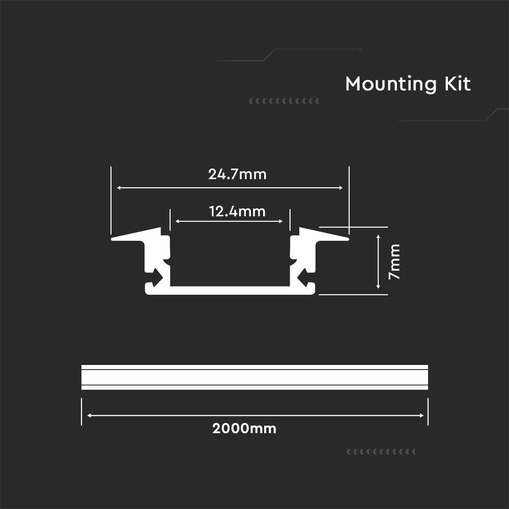 VT-8122 MOUNTING KIT WITH DIFFUSER FOR LED STRIP PCB 12MM RECESSED 2000X24.7X7MM WHITE