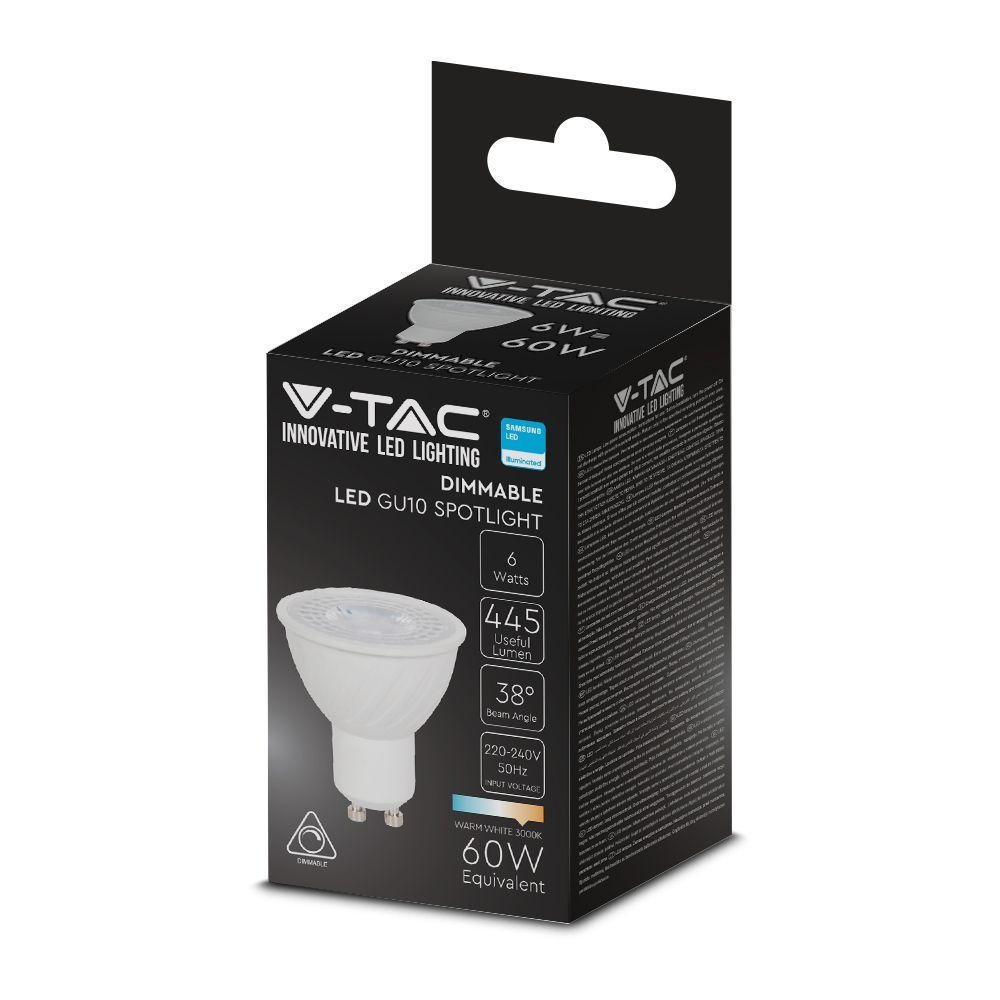 6W GU10 Żarówka LED, Chip SAMSUNG, Barwa:3000K, Kąt 38', Ściemniana, Trzonek:GU10, VTAC, SKU 21195