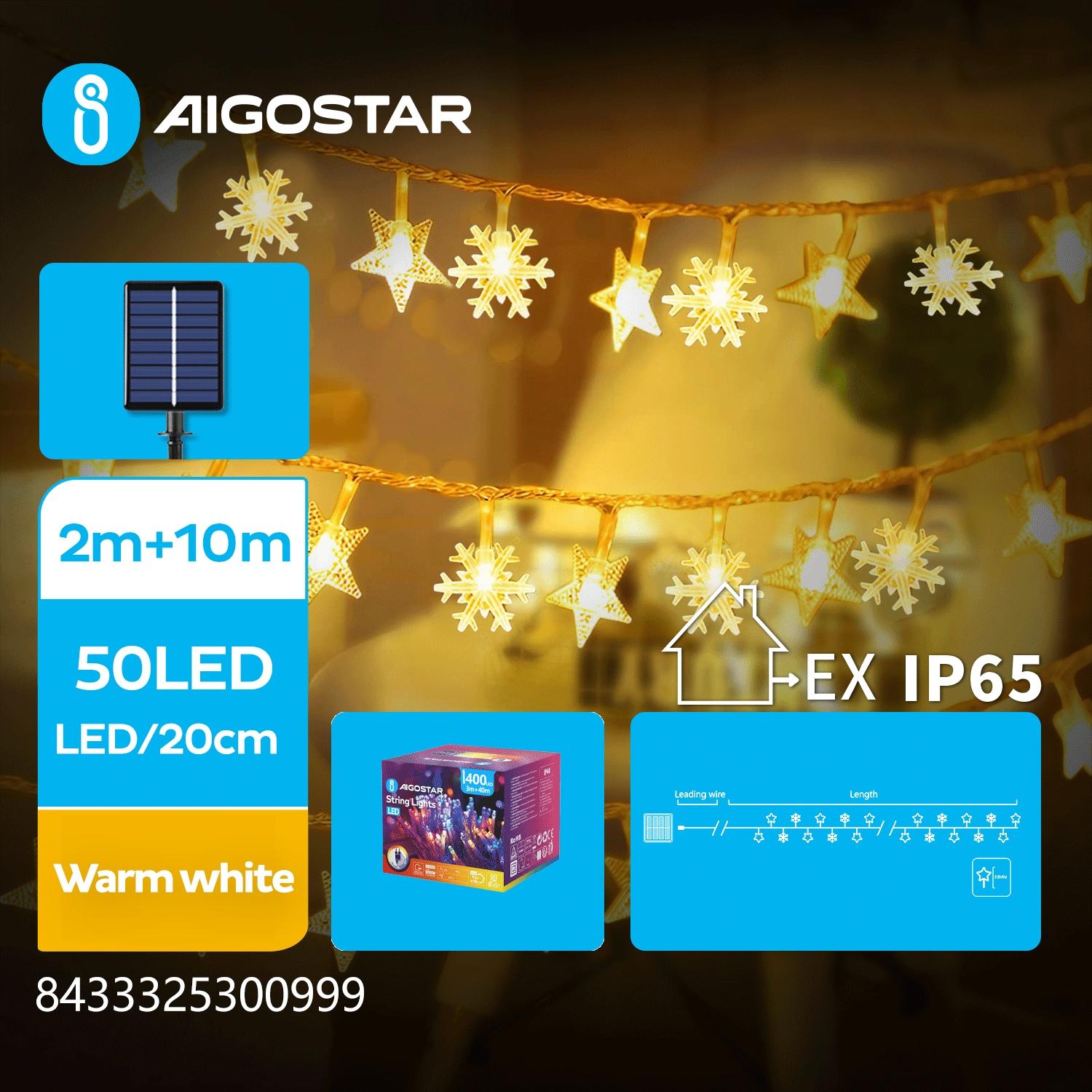 Solar star snowflake string lights, warm white, 2m+10m