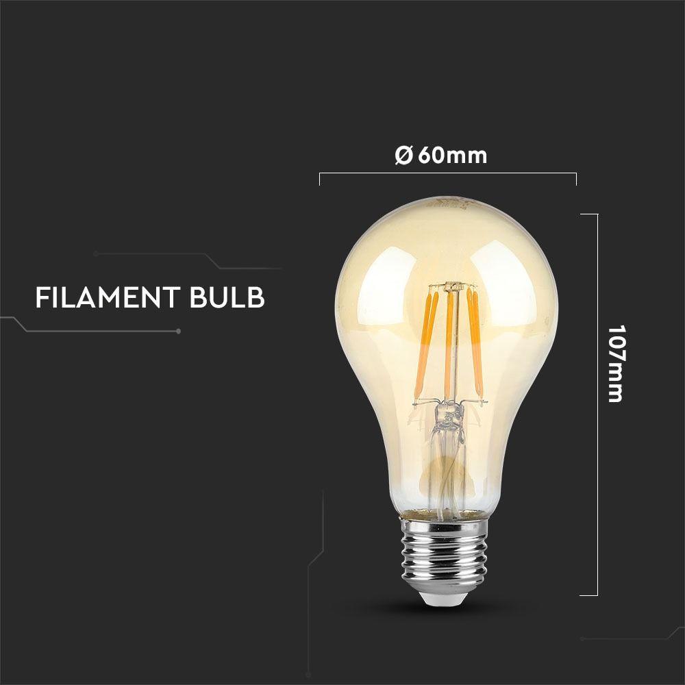 4W A60 Żarówka LED Filament, Klosz: Bursztynowy, Barwa:2200K, Trzonek:E27, VTAC, SKU 4498