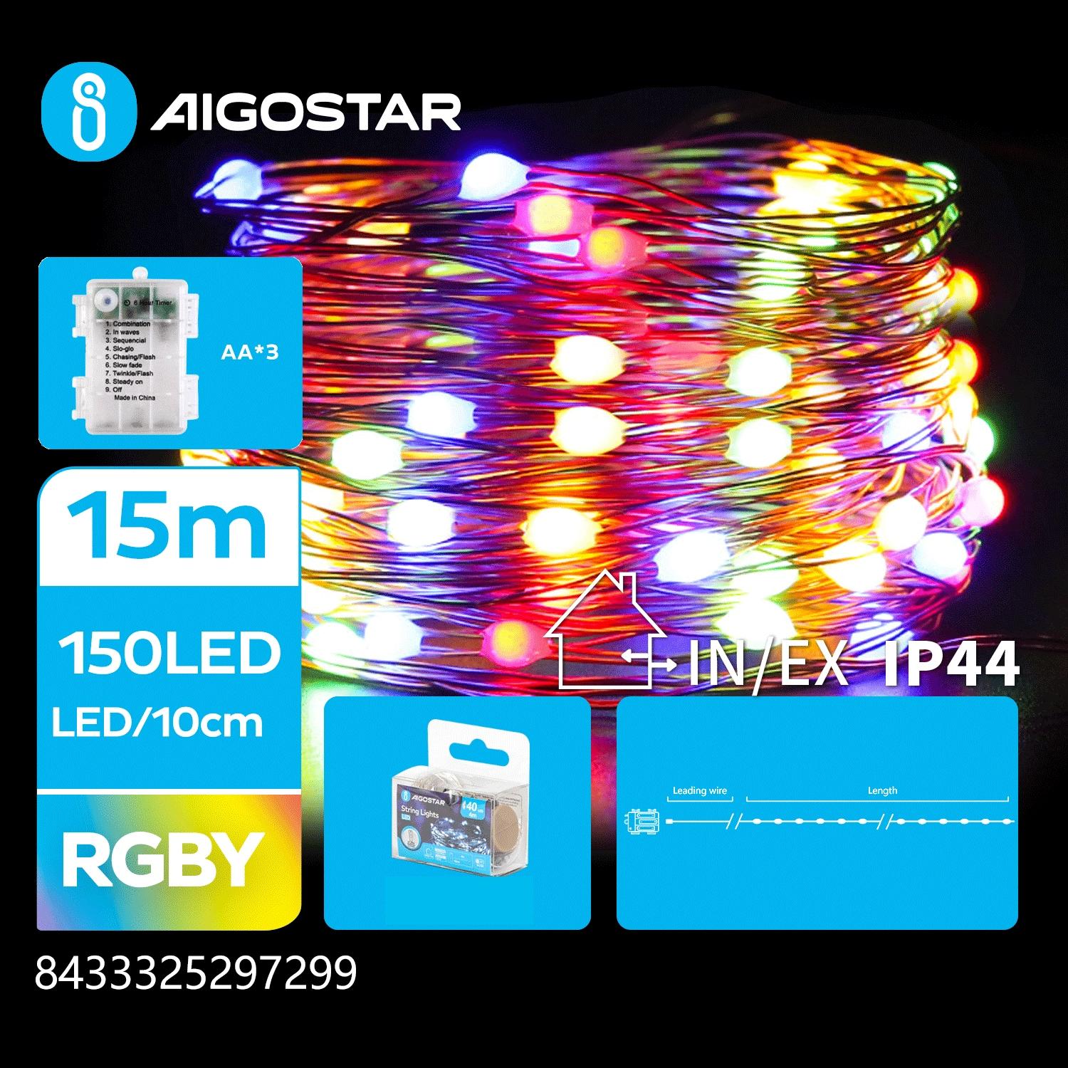 3AA battery copper wire string lights, RGBY, 15m