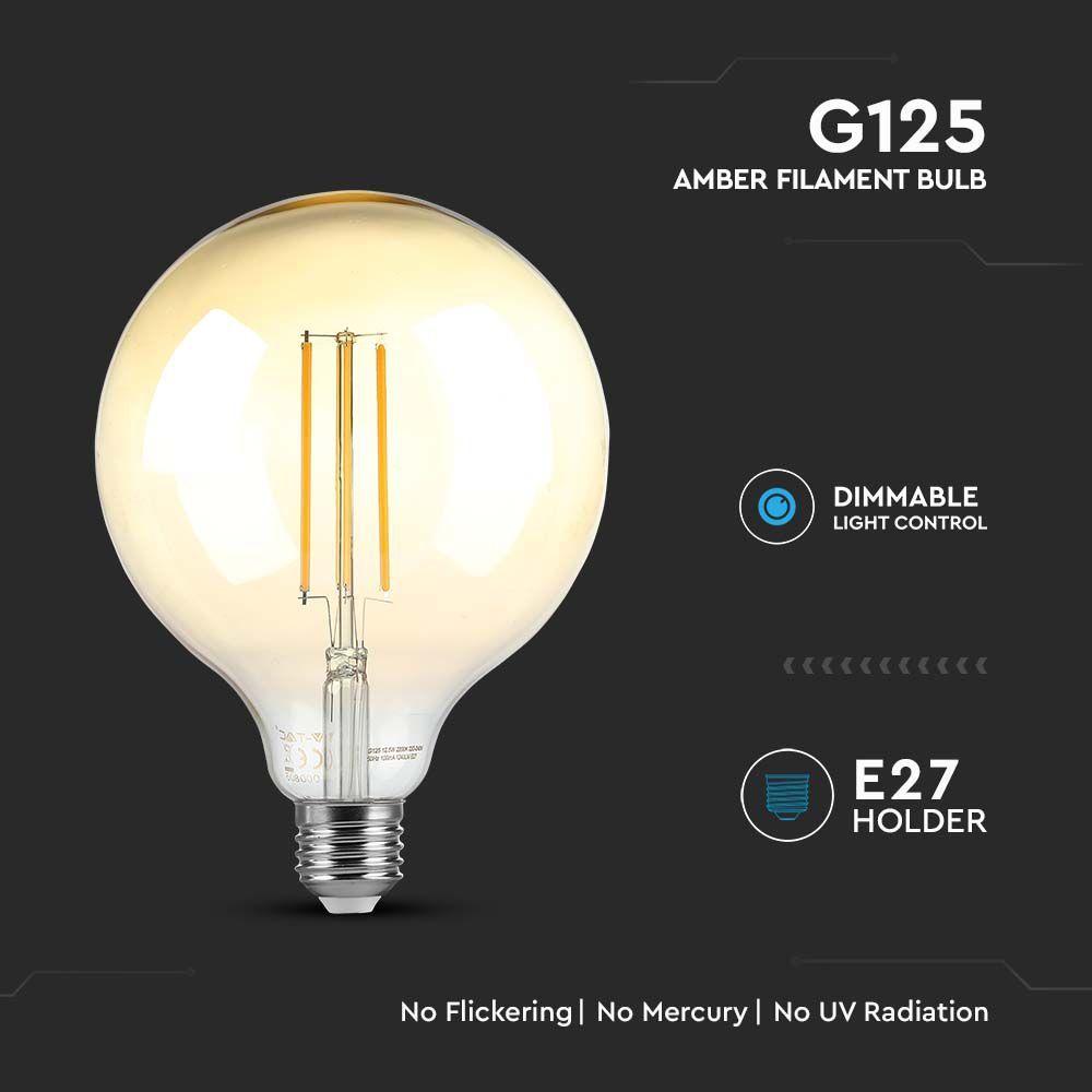 8W G125 Żarówka LED Filament, Klosz Bursztynowy, Ściemniana, Barwa:2200K, Trzonek:E27, VTAC, SKU 217155