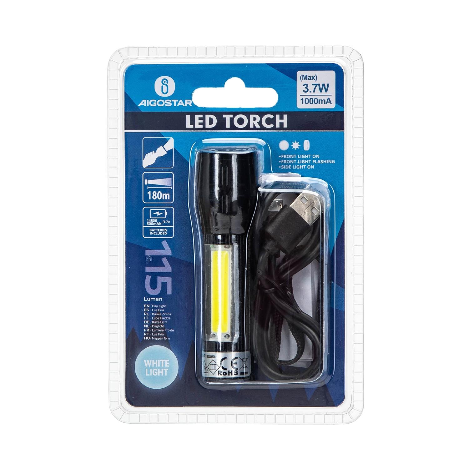 Torch with side light adjustable focus rechargeable