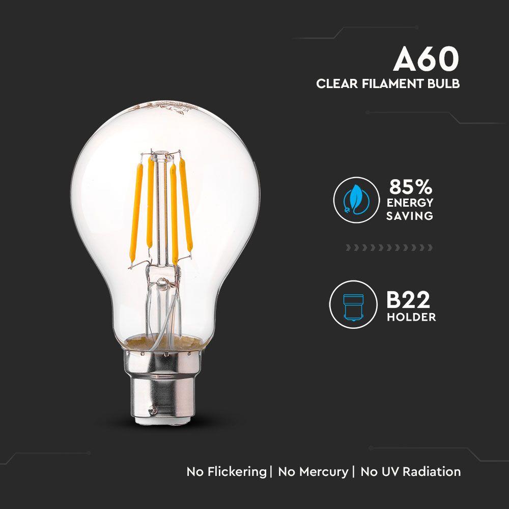 4W A60 Żarówka LED Filament, Klosz Transparentny, Chip SAMSUNG, Barwa:3000K, Trzonek:B22, VTAC, SKU 106