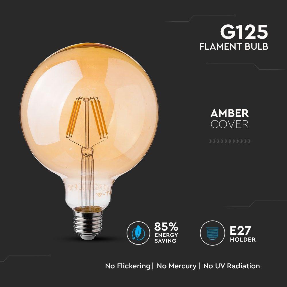 6W G125 Żarówka LED Filament, Klosz Bursztynowy, Chip SAMSUNG, Barwa:2200K, Trzonek:E27, VTAC, SKU 291