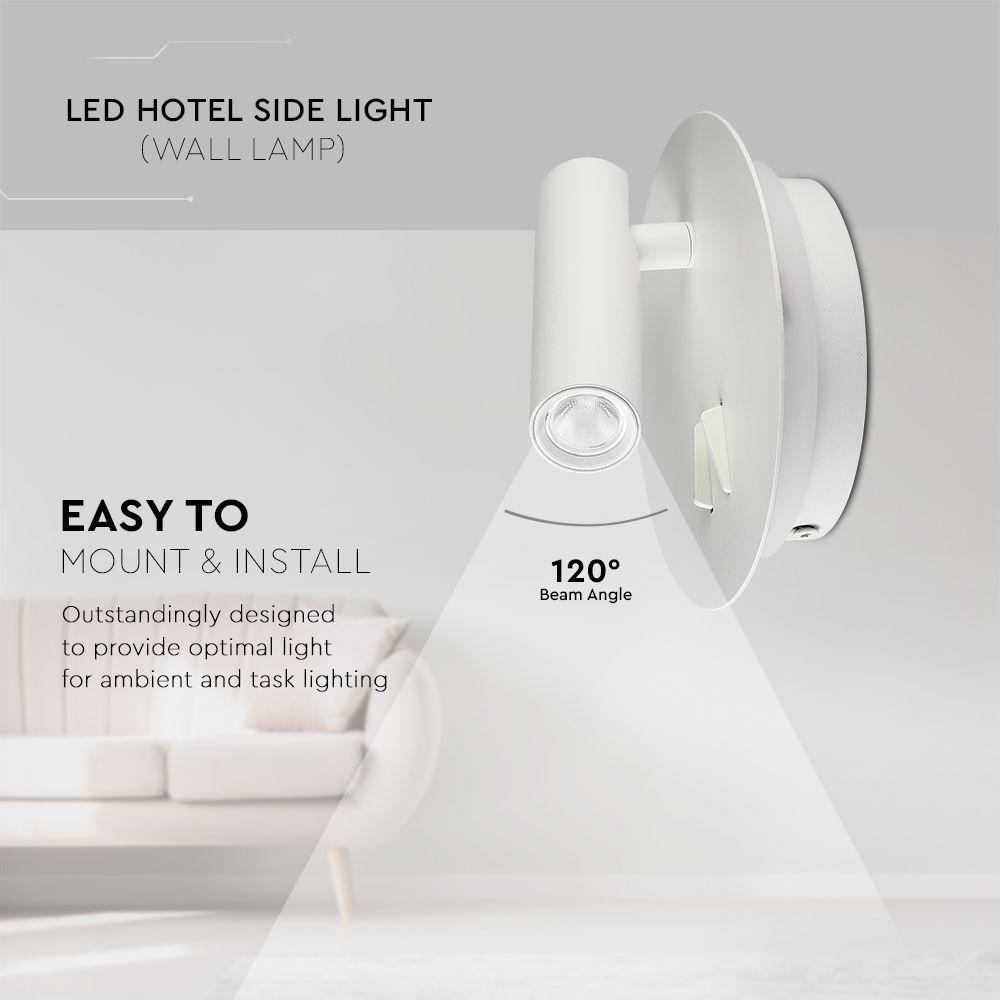 LED 3W+SMD 6W Hotelowa lampa ścienna LED, Barwa: 3000K, Kolor: Biały     , VTAC, SKU 211489