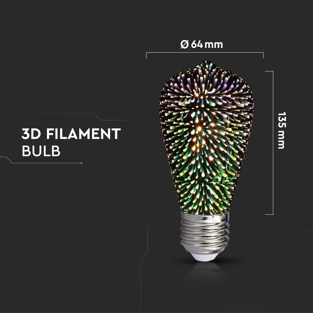 3W ST64 Żarówka LED Filament 3D, Barwa:3000K, Trzonek:E27, VTAC, SKU 212705