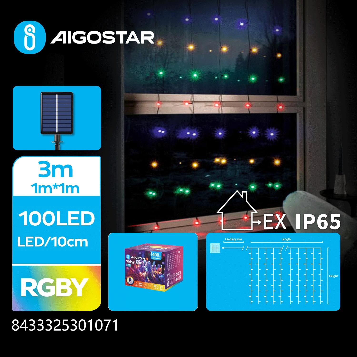 Solar curtain flat string lights, RGBY, 3m+1m*1m