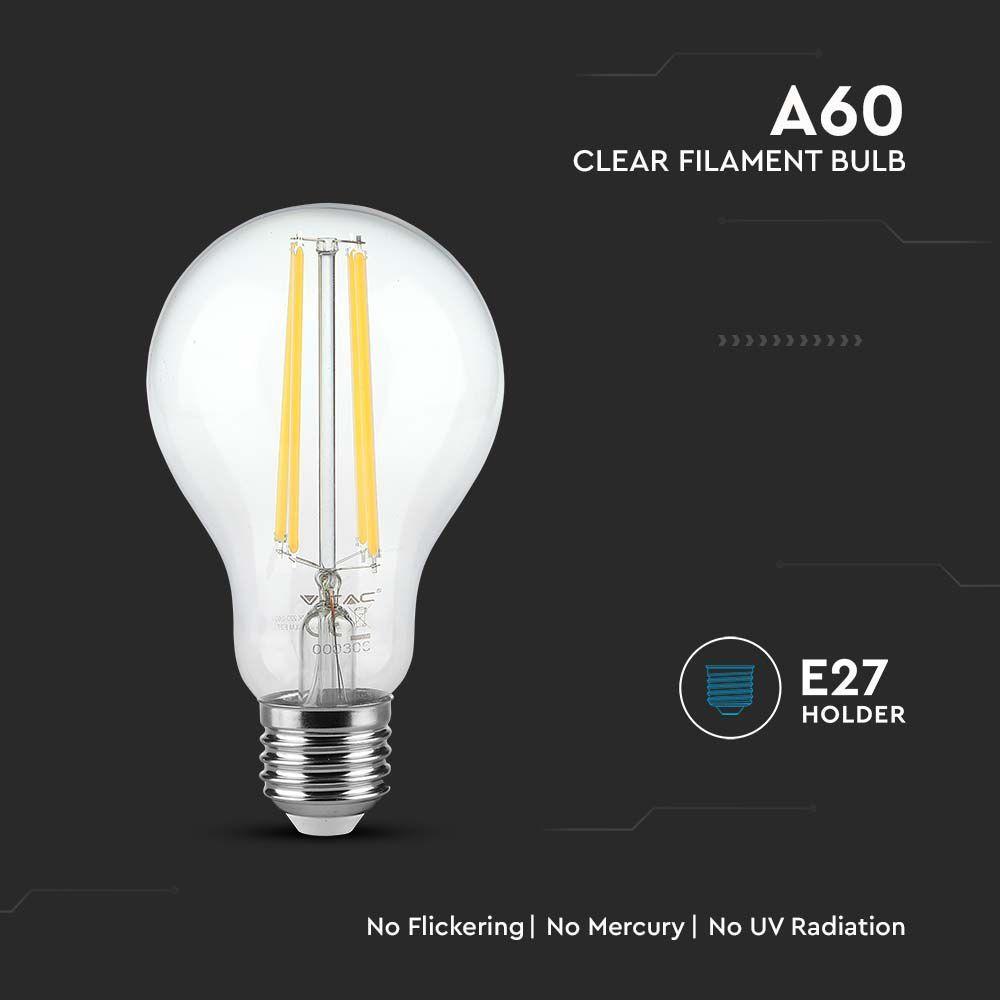 12W A70 Żarówka LED Filament, Klosz Transparentny, Barwa:3000K, Trzonek:E27, VTAC, SKU 217458