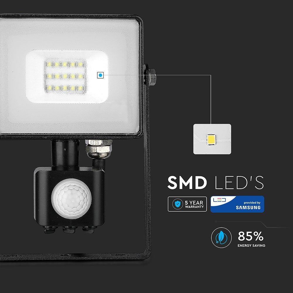 10W Naświetlacz LED SMD z czujnikiem ruchu, Chip SAMSUNG, Barwa:6400K, Obudowa: Czarna , VTAC, SKU 438