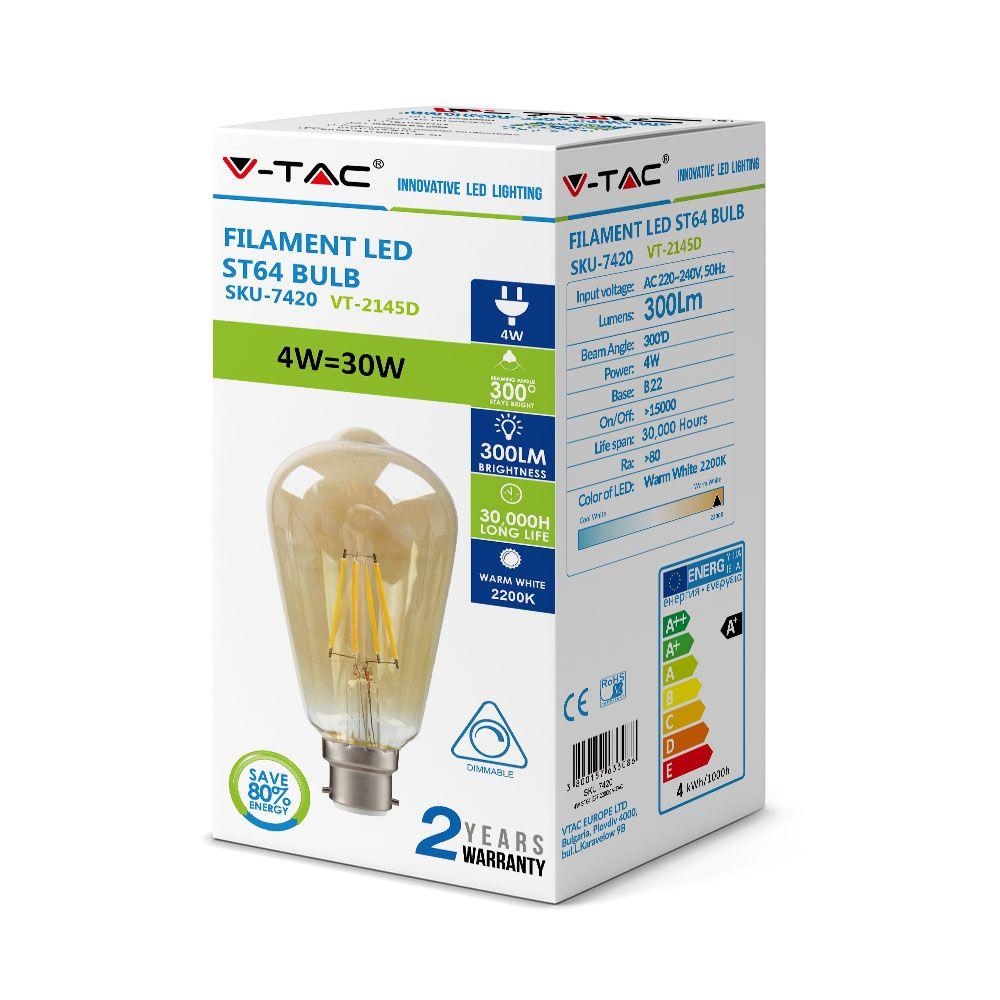 VT-2145D 4W ST64 FILAMENT BULB-AMBER GLASS 2200K B22 DIMMABLE