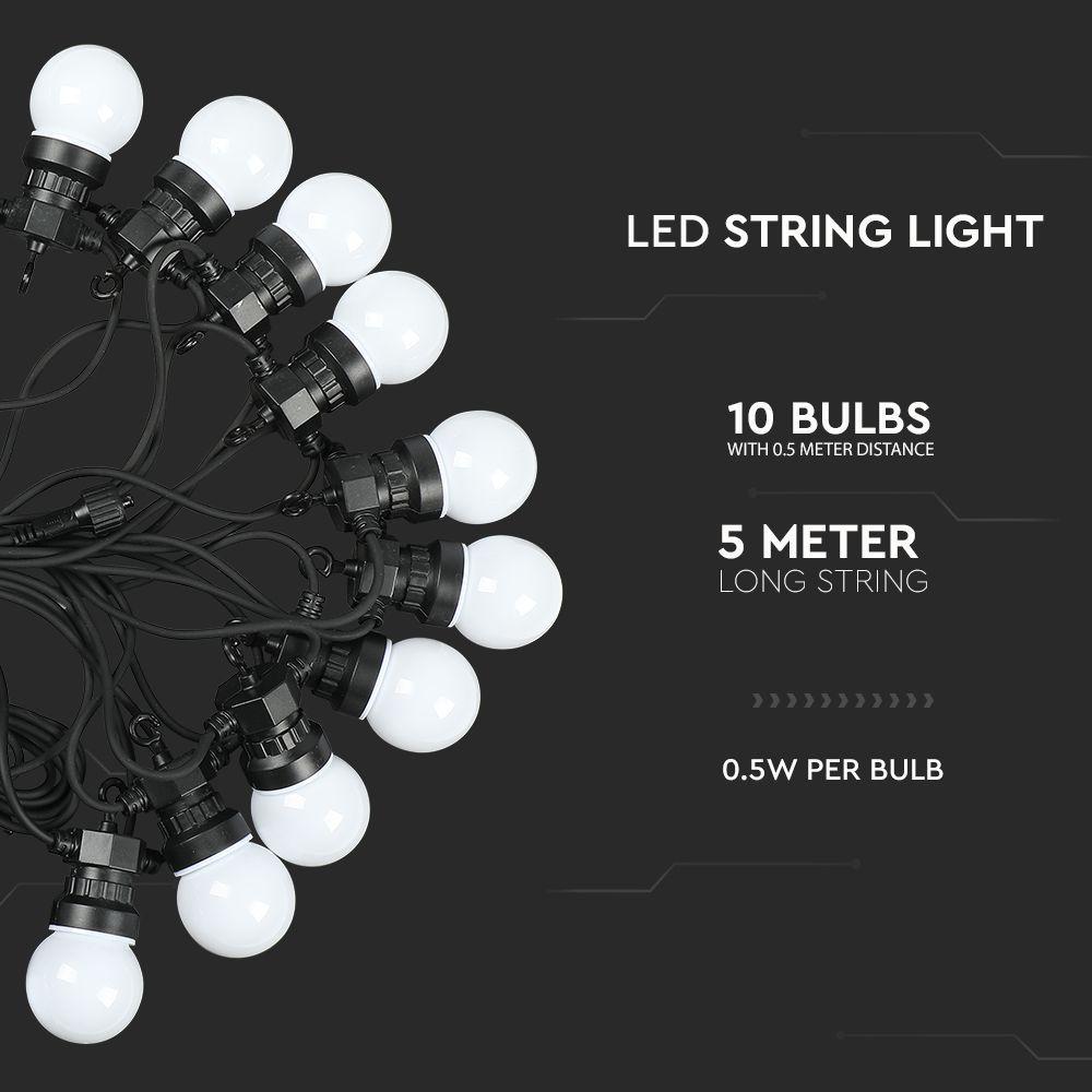 0.5W Girlanda LED, Długość: 5mb, Ilość żarówek: 10x0,5, Barwa:3000K, VTAC, SKU 217436