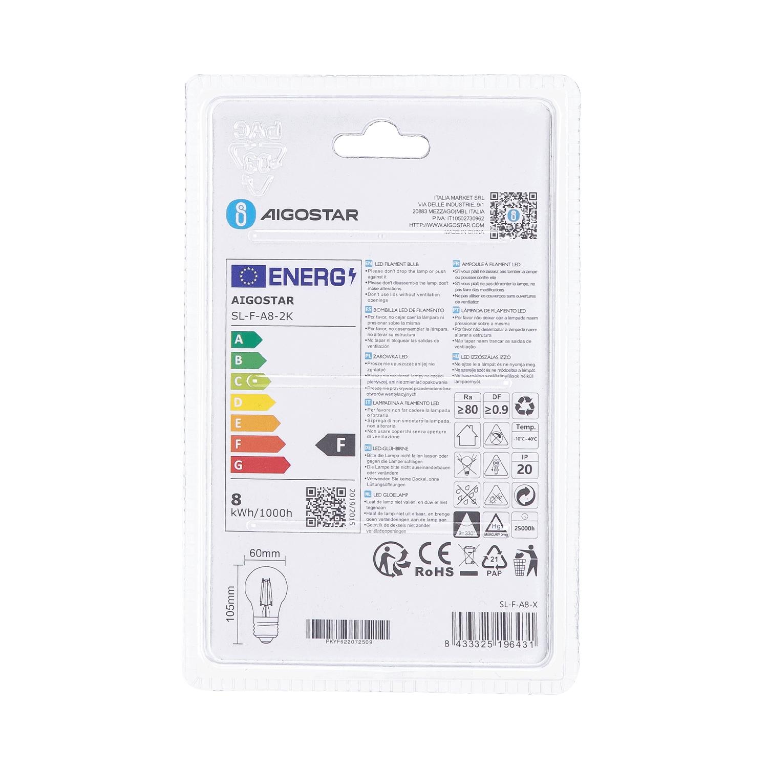 Żarówka LED Filament (Bursztynowa) A60 E27 8W(8W,E27,2200K,750lm)