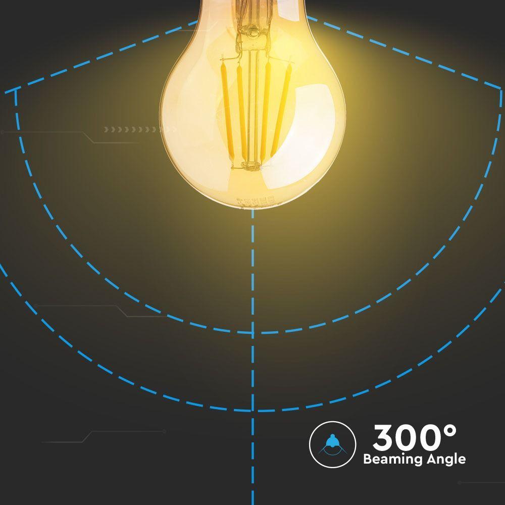 4W A60 Żarówka LED Filament, Klosz Bursztynowy, Chip SAMSUNG, Barwa:2200K, Trzonek:B22, VTAC, SKU 107